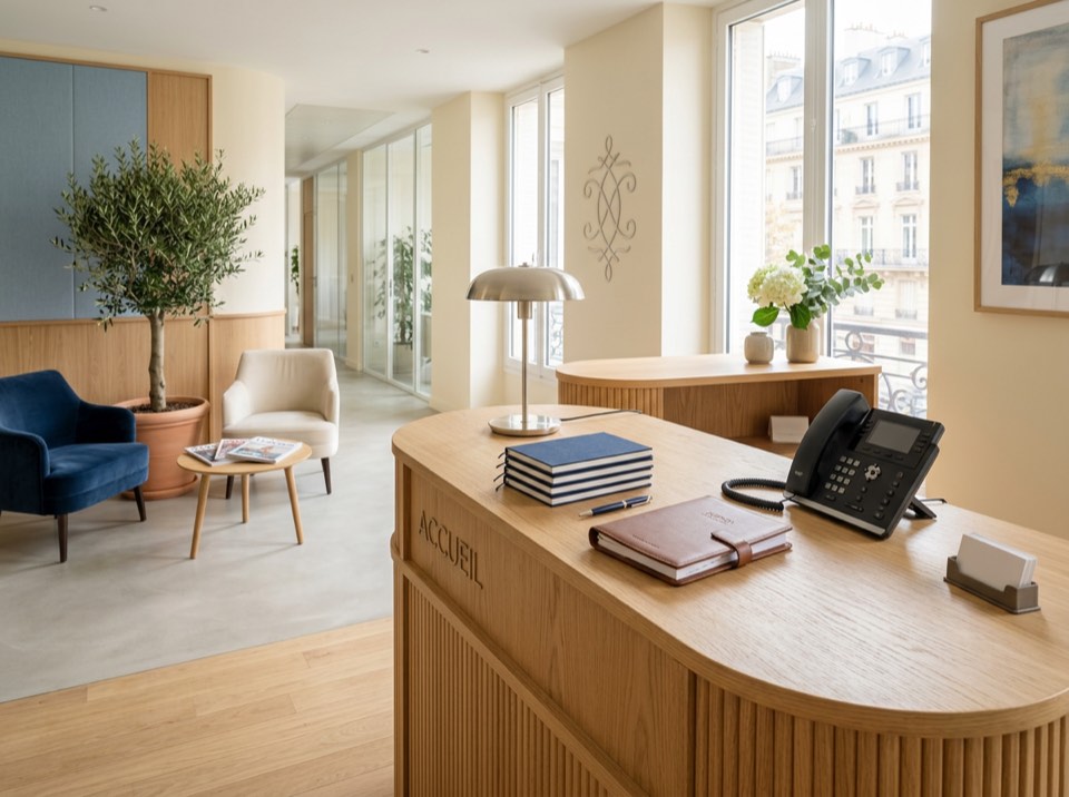 A reception desk with a phone, in a bright lobby