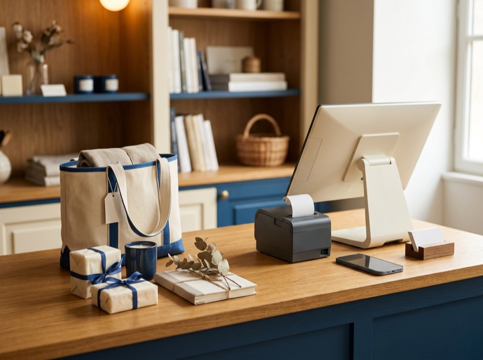 A shop counter with a till and gift parcels