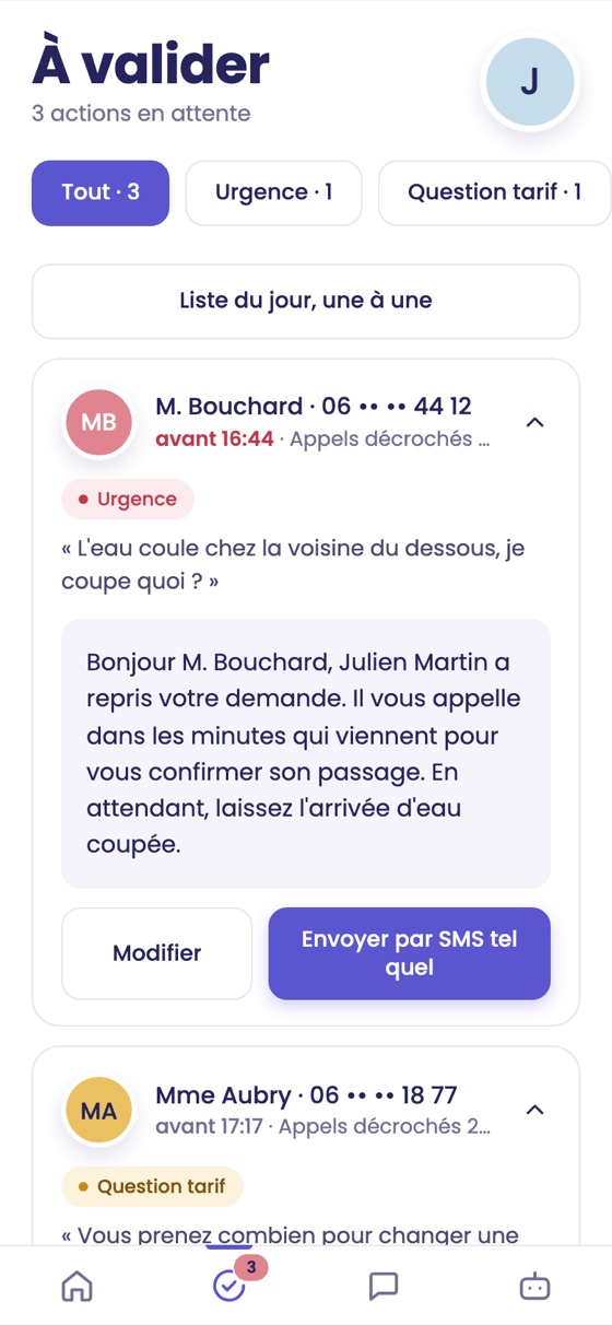 Application mobile : les actions à valider, avec le message proposé et le bouton pour l'envoyer