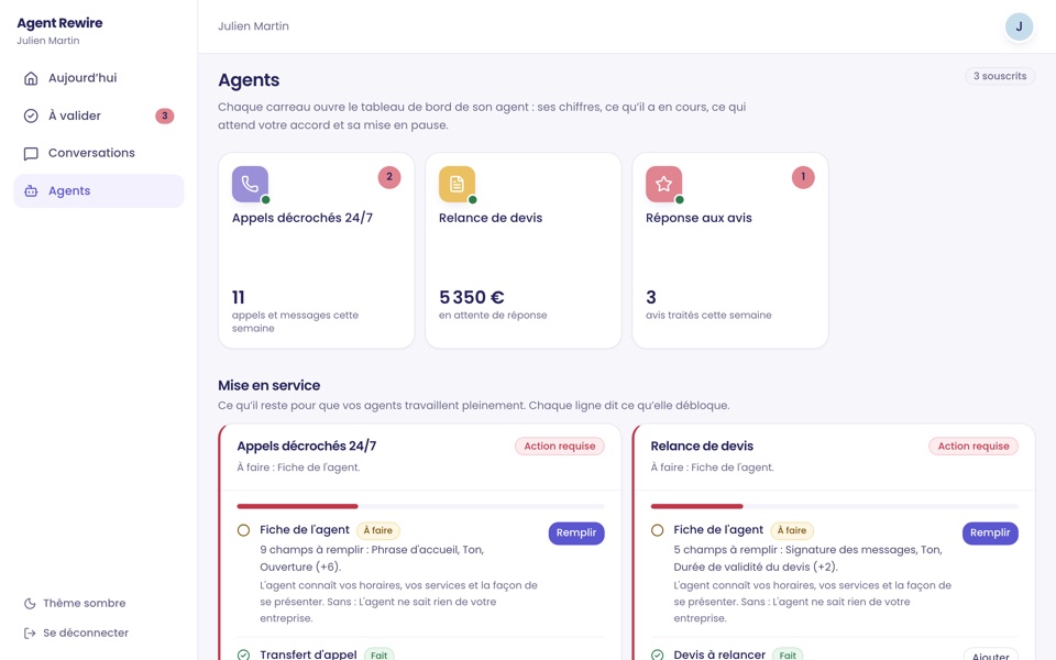 Espace client sur ordinateur : les agents souscrits, leurs chiffres et leur mise en service