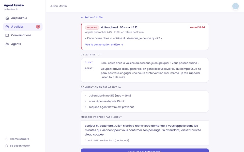 Espace client sur ordinateur : une urgence à valider, avec la réponse que l'agent propose d'envoyer