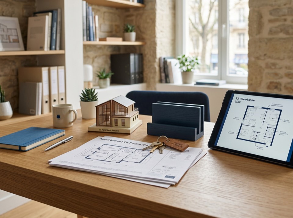 An estate agency desk with floor plans and a model house