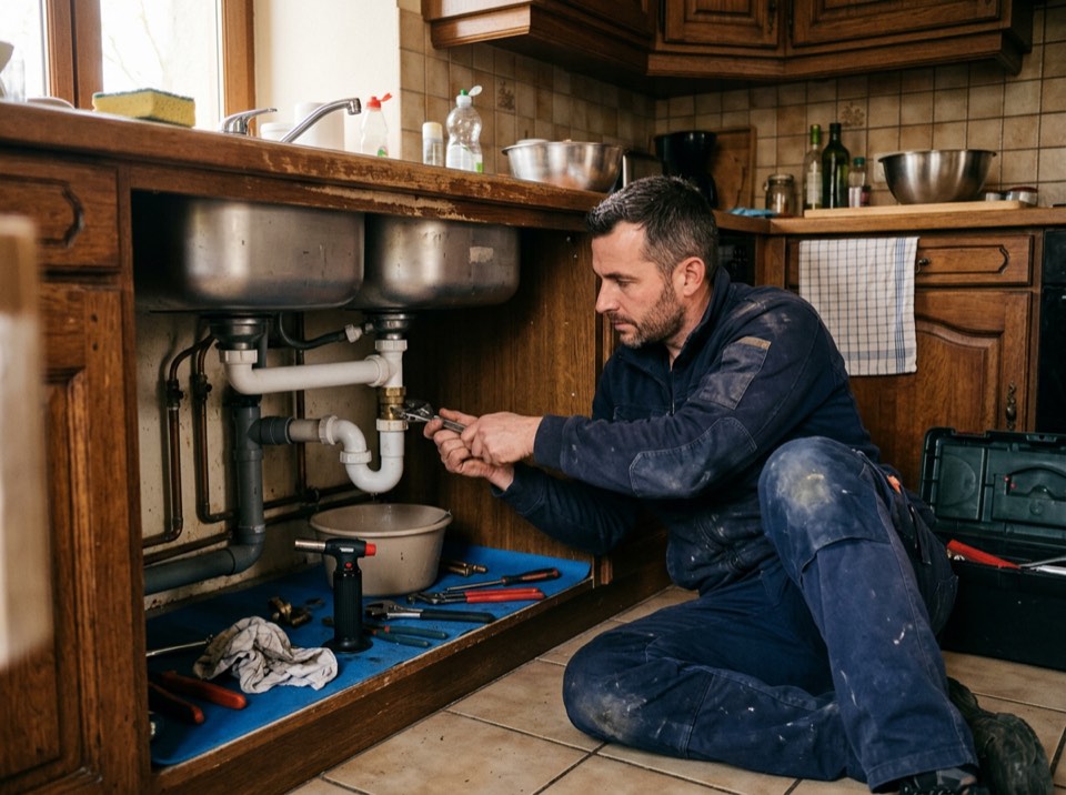 A plumber fixing a pipe under a sink